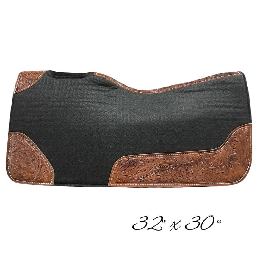 Contoured Western Saddle Pads - Black-Dark Tooled-32" X 30"