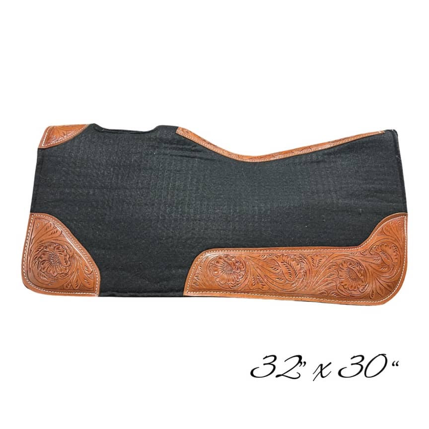 Contoured Western Saddle Pads - Black-Light Tooled-32" X 30"