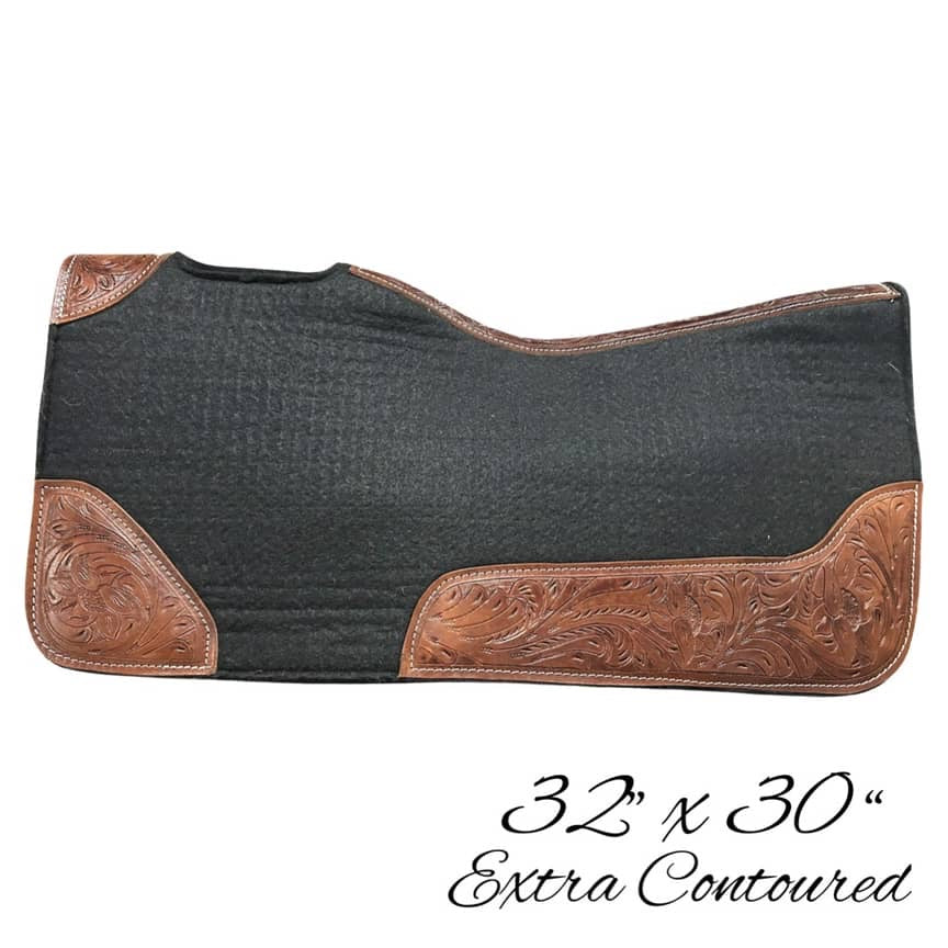 Contoured Western Saddle Pads - Black-Dark Tooled-Extra Contoured-32" X 30"