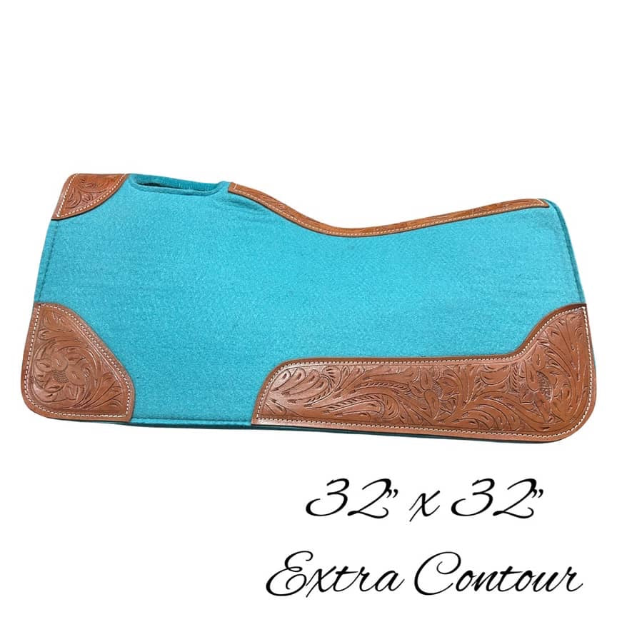 Contoured Western Saddle Pads - Teal-Dark Tooled-Extra Contoured-32" X 32"