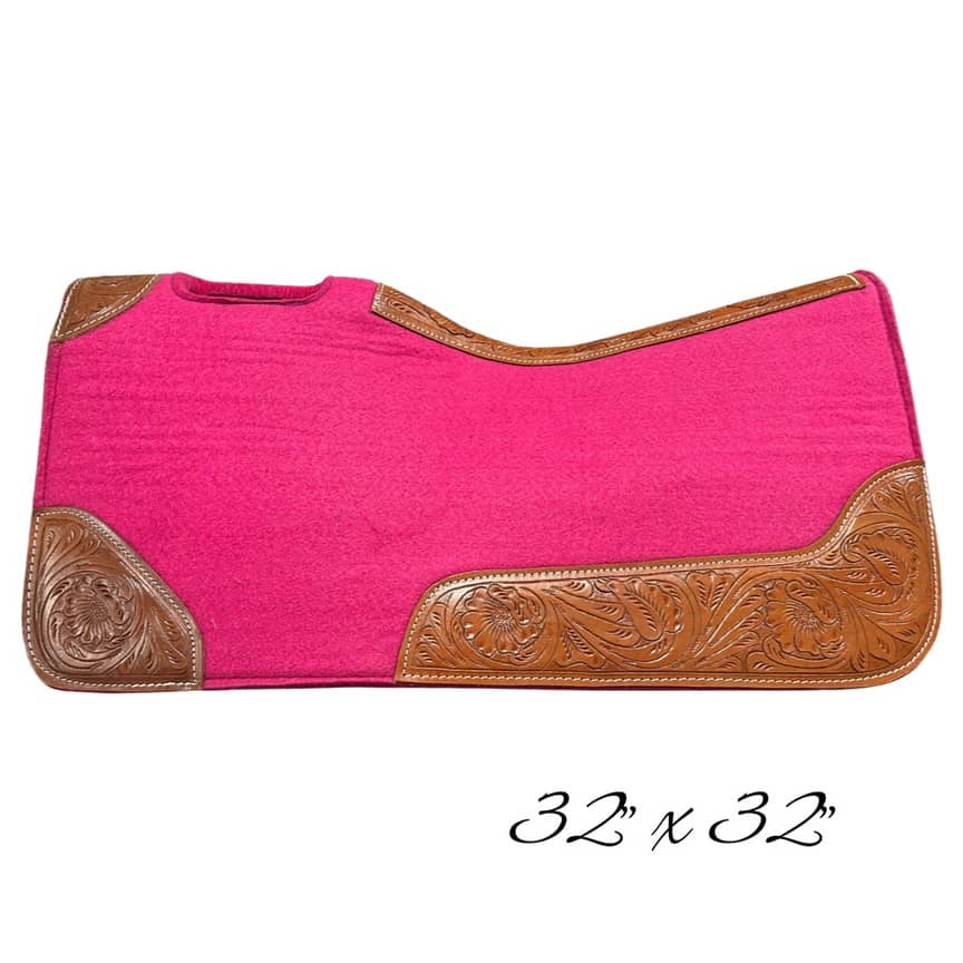 Contoured Western Saddle Pads - Hot Pink-Light Tooled-32" X 32"