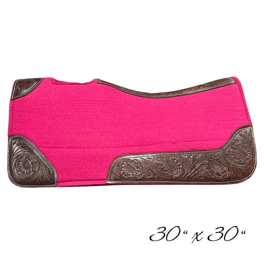 Contoured Western Saddle Pads - Hot Pink-Dark Tooled Leather-30" X 30"