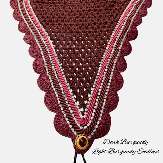 Tiedown Bonnets - Full - Dark Burgundy Base/Light Burgundy Scallops/3 Clear Bling/Light & Dark Burgundy Piping