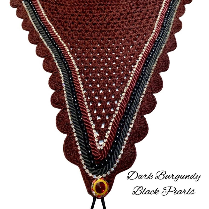 Tiedown Bonnets - Warmblood - Dark Burgundy Base/Dark Burgundy Scallops/2 Clear Bling/1 Black Pearl/Black & Dark Burgundy Piping