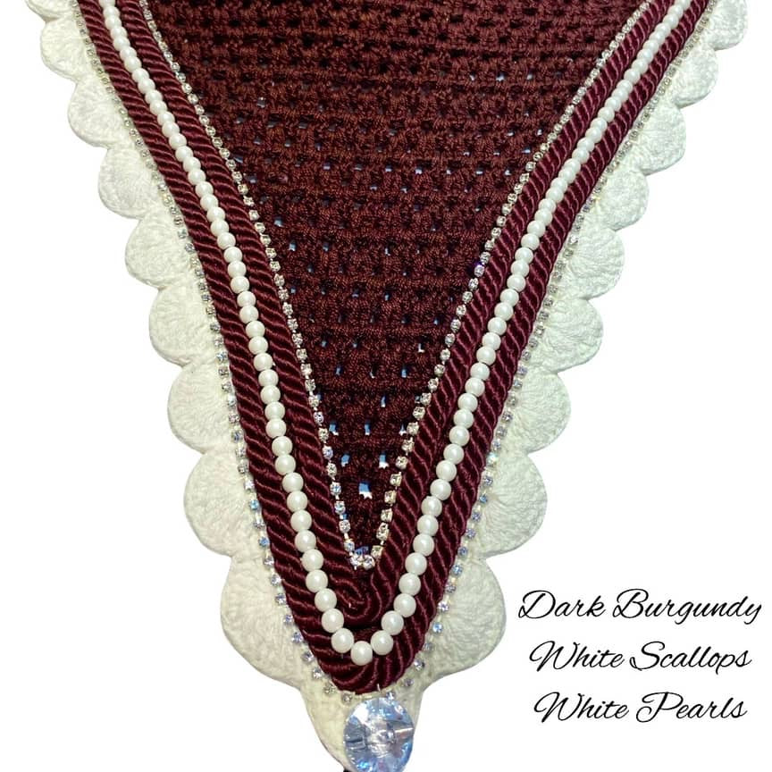 Tiedown Bonnets - Full - Dark Burgundy Base/White Scallops/2 Clear Bling/1 White Pearl/2 Burgundy Piping