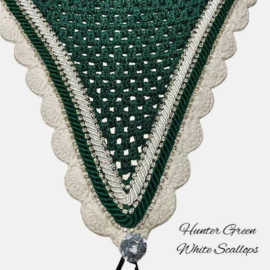 Tiedown Bonnets - Full - Hunter Green Base/White Scallops/3 Clear Bling/White & Green Piping