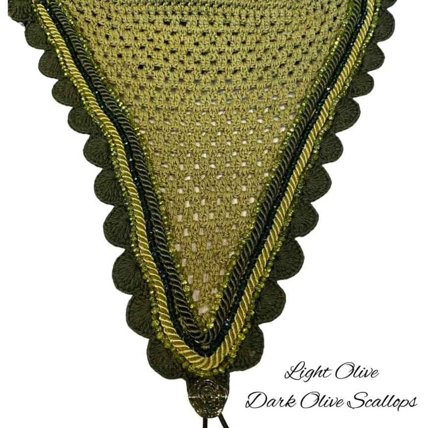 Tiedown Bonnets - Full - Light Olive Base/Dark Olive Scallops/2 Olive Crystal/1 Green Crystal/Light & Dark Olive Piping