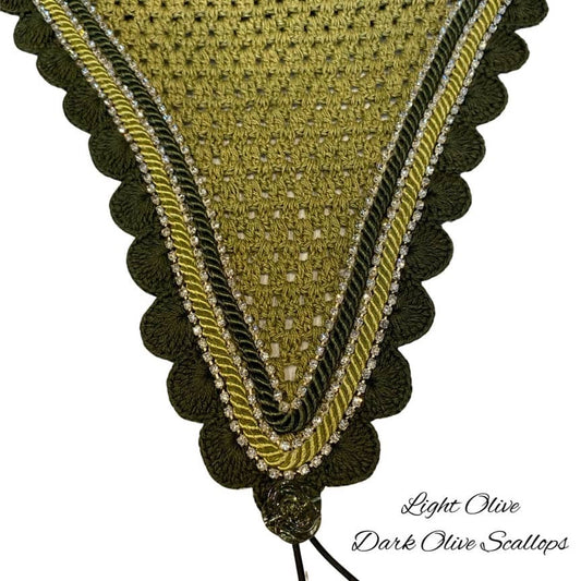 Tiedown Bonnets - Full - Light Olive Base/Dark Olive Scallops/3 Clear Bling/Light & Dark Olive Piping