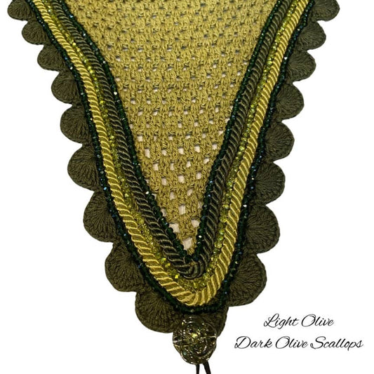 Tiedown Bonnets - Full - Light Olive Base/Dark Olive Scallops/2 Green Bling/1 Olive Bling/Dark & Light Olive Piping