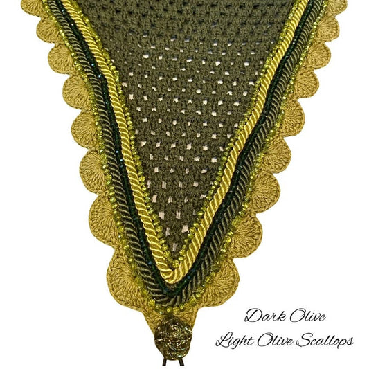 Tiedown Bonnets - Full - Dark Olive Base/Light Olive Scallops/2 Olive Crystal/1 Green Crystal/Light & Dark Olive Piping