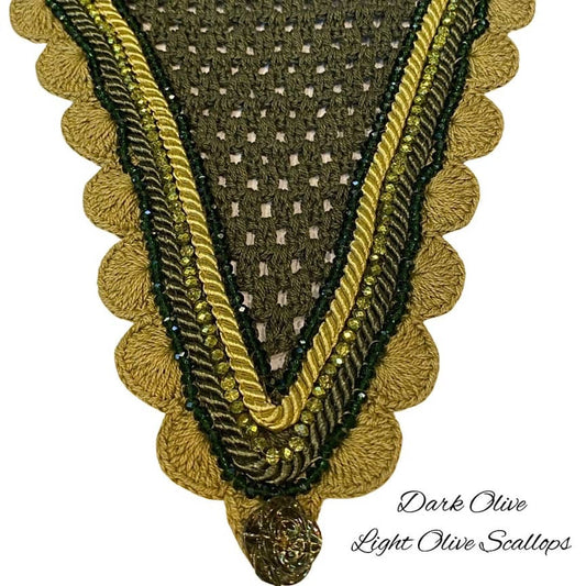 Tiedown Bonnets - Full - Dark Olive Base/Light Olive Scallops/2 Green Crystals/1 Olive Crystals/Dark & Light Olive Piping