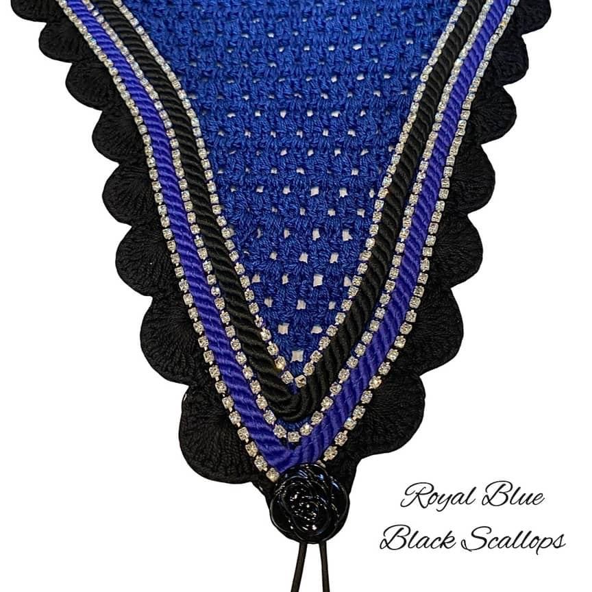 Tiedown Bonnets - Full - Royal Blue Base/Black Scallops/3 Clear Bling/Black & Royal Blue Bling