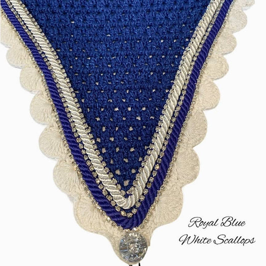 Tiedown Bonnets - Full - Royal Blue Base/White Scallops/3 Clear Bling/Royal Blue & White Piping