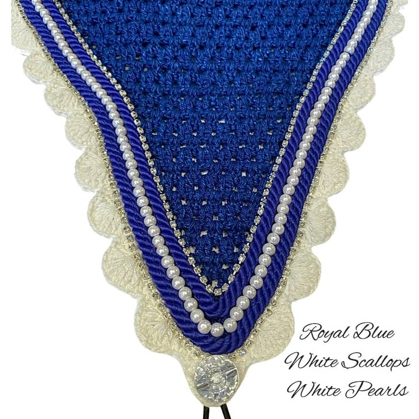 Tiedown Bonnets - Full - Royal Blue Base/White Scallops/2 Clear Bling/1 White Pearl/2 Royal Blue Piping
