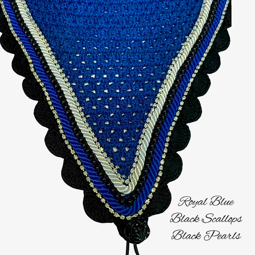 Tiedown Bonnets - Full - Royal Blue Base/Black Scallops/2 Clear Bling/1 Black Pearl/Royal Blue & Grey Piping