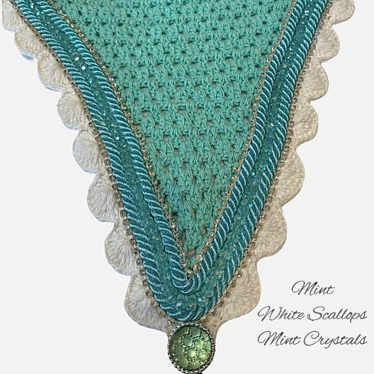 Tiedown Bonnets - Full - Mint Base/White Scallops/2 Clear Bling/1 Mint Crystal/2 Mint Piping