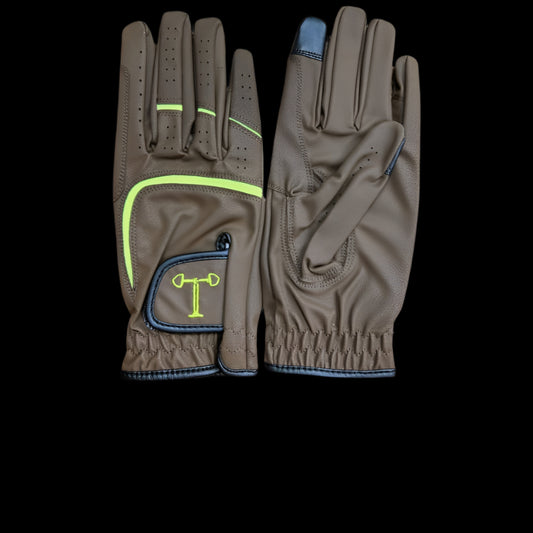 Touch Screen Riding Gloves - Brown Base / Lime Green Trim (Size Small)