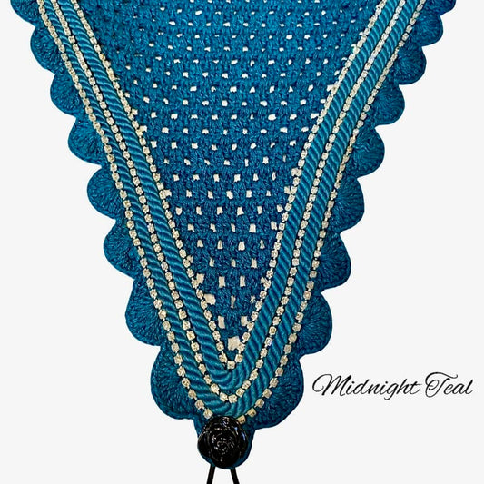 Tiedown Bonnets - Full - Midnight Teal  Base/Midnight Teal  Scallops/3 Clear Bling/2 Midnight Teal  Piping