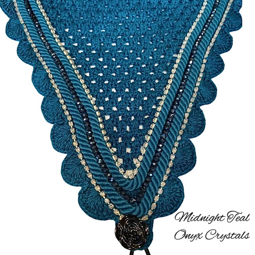 Tiedown Bonnets - Cob - Midnight Teal Base/Teal Scallops/2 Clear Bling/1 Onyx Bling/2 Teal Piping