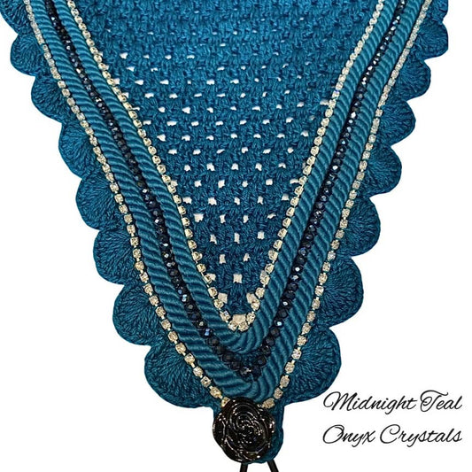 Tiedown Bonnets - Full - Midnight Teal Base/Midnight Teal  Scallops/2 Clear Bling/1 Onyx Crystal/2 Midnight Teal  Piping