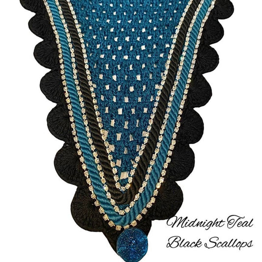 Tiedown Bonnets - Full - Midnight Teal  Base/Black Scallops/3 Clear Bling/Midnight Teal  & Black Piping