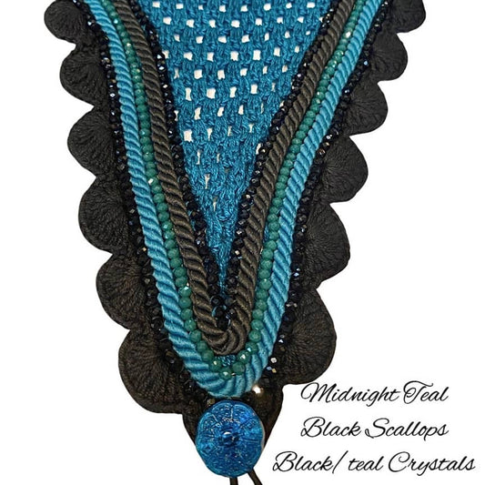 Tiedown Bonnets - Warmblood - Midnight Teal Base/Black Scallops/2 Black Crystal/1 Teal Crystal/Midnight Teal & Black Piping