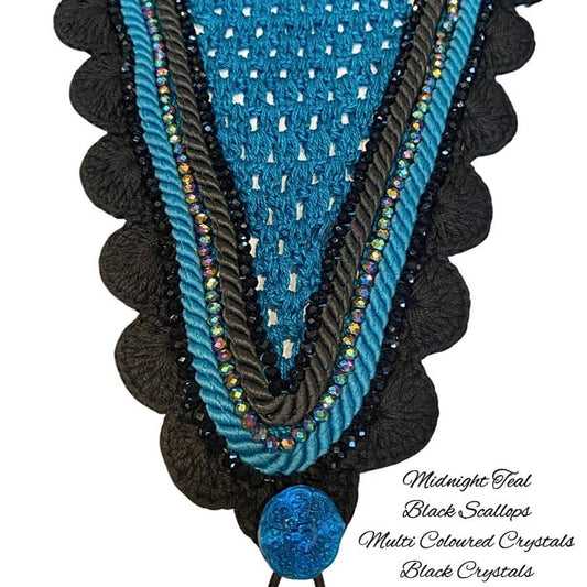 Tiedown Bonnets - Warmblood - Midnight Teal Base/Black Scallops/2 Black Crystal/1 Multi Colour Crystal/Black & Midnight Teal Piping