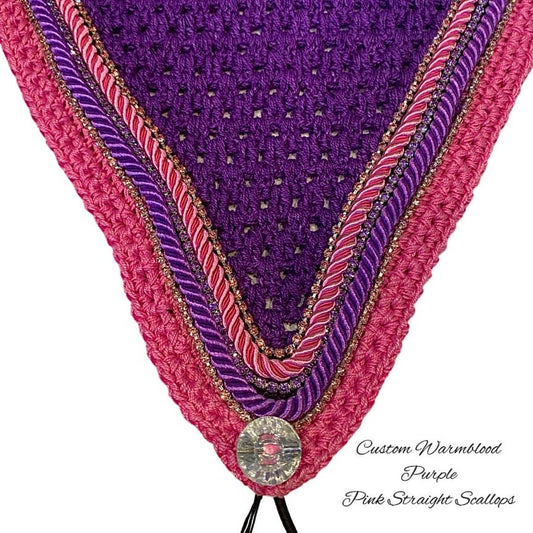 Tiedown Bonnets - Warmblood - Purple Base/Pink Straight Edge/2 Pink Bling/1 Purple Bling/Purple & Pink Piping