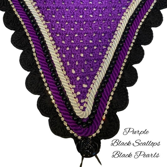 Tiedown Bonnets - Full - Purple Base/Black Scallops/2 Clear Bling/1 Black Pearl/Purple & White Piping