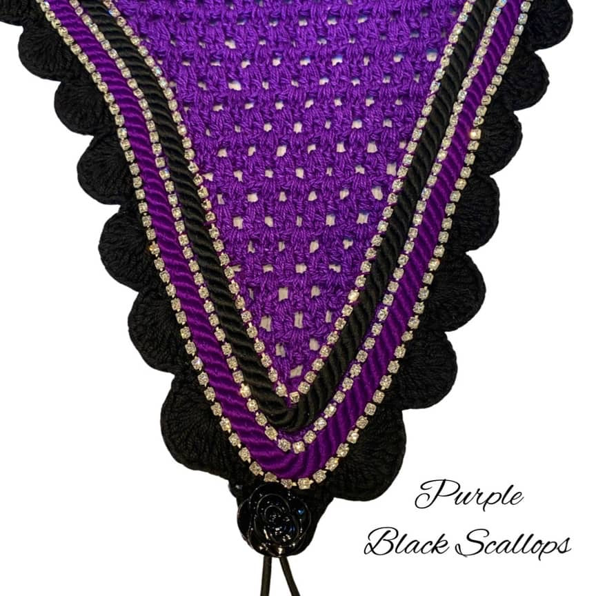 Tiedown Bonnets - Full - Purple Base/Black Scallops/3 Clear Bling/Purple & Black Piping