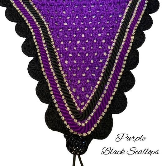 Tiedown Bonnets - Full - Purple Base/Black Scallops/3 Clear Bling/Purple & Black Piping