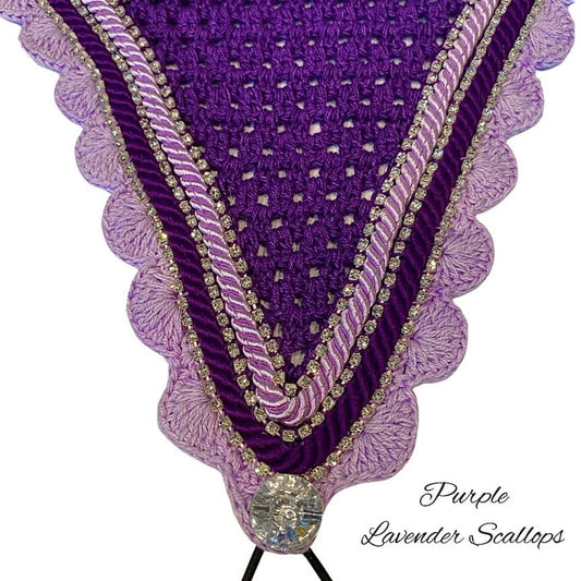 Tiedown Bonnets - Full - Purple Base/Lavender Scallops/3 Clear Bling/Purple & Lavender Piping