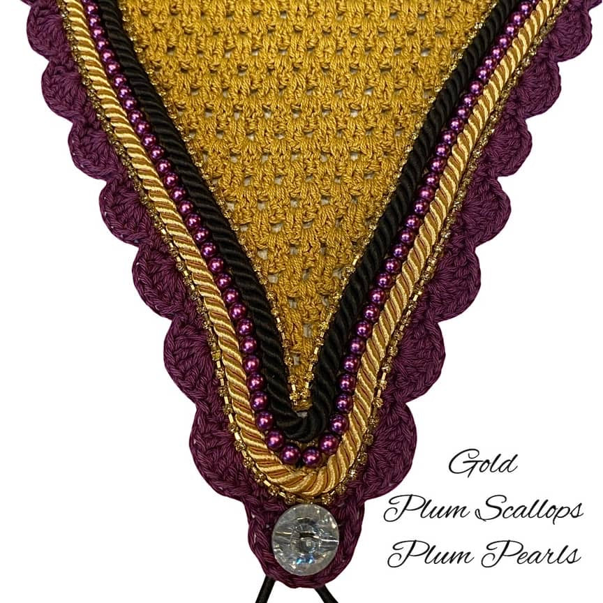 Tiedown Bonnets - Full - Gold Base/Plum Scallops/2 Gold Bling/1 Plum Pearl/Black & Gold Piping