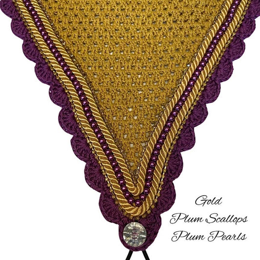 Tiedown Bonnets - Warmblood - Gold Base/Purple Scallops/2 Gold Bling/1 Purple Pearl/2 Gold Piping