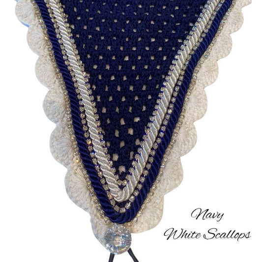 Tiedown Bonnets - Full - Navy Base/White Scallops/3 Clear Bling/White & Navy Piping