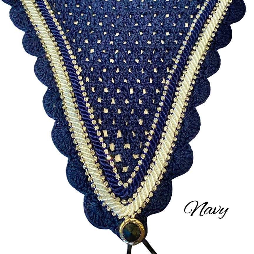 Tiedown Bonnets - Full - Navy Base/Navy Scallops/3 Clear Bling/Navy & White Piping