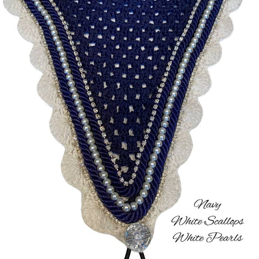 Tiedown Bonnets - Full - Navy Base/White Scallops/2 Clear Bling/1 White Pearl/2 Navy Piping