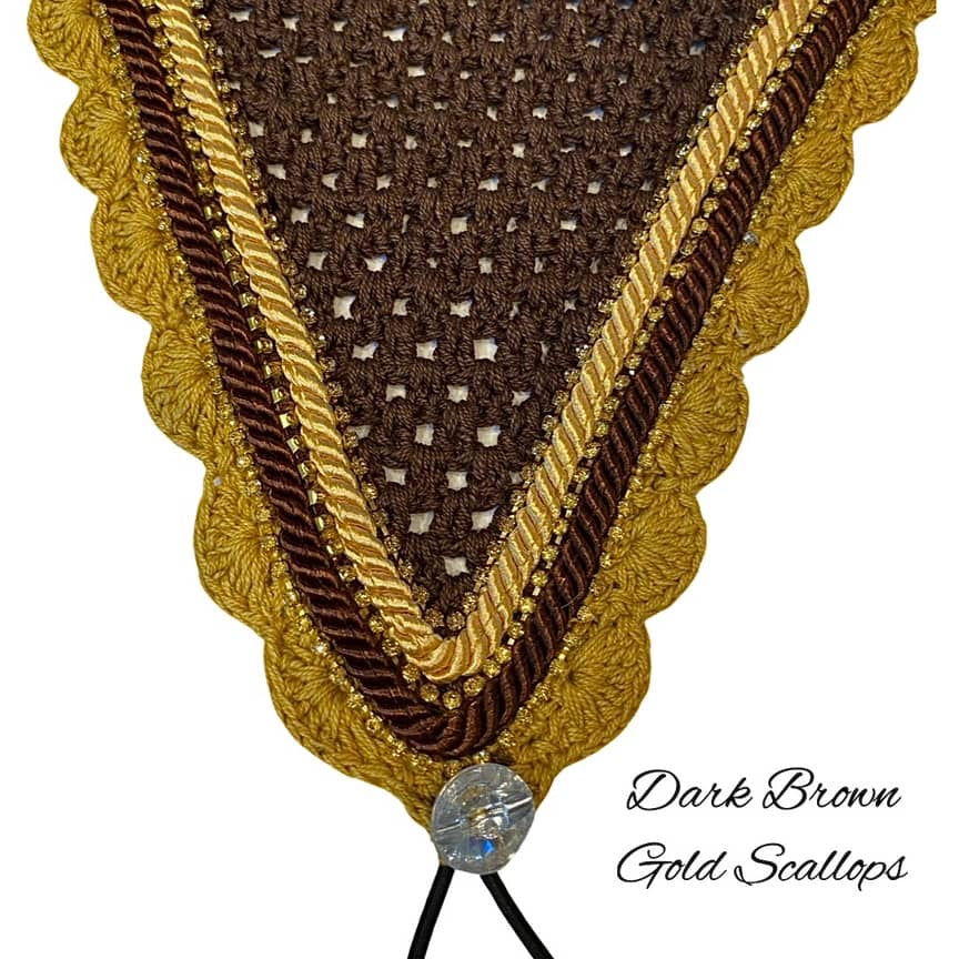 Tiedown Bonnets - Full - Brown Base/Gold Scallops/3 Gold Bling/Brown & Gold Piping