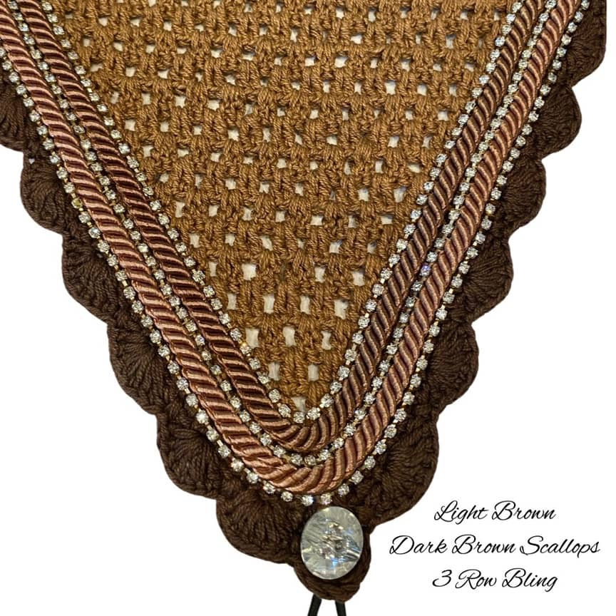 Tiedown Bonnets - Warmblood - Light Brown Base/Dark Brown Scallops/3 Clear Bling/2 Light Brown Piping