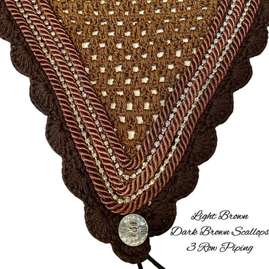 Tiedown Bonnets - Warmblood - Light Brown Base/Dark Brown Scallops/2 Clear Bling/3 Light Brown Piping