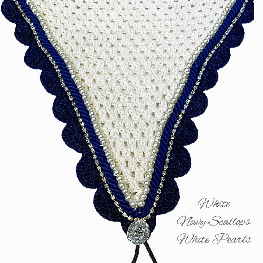 Tiedown Bonnets - Cob - White Base/Navy Scallops/1 Clear Bling/1 Pearls/1 Navy Piping