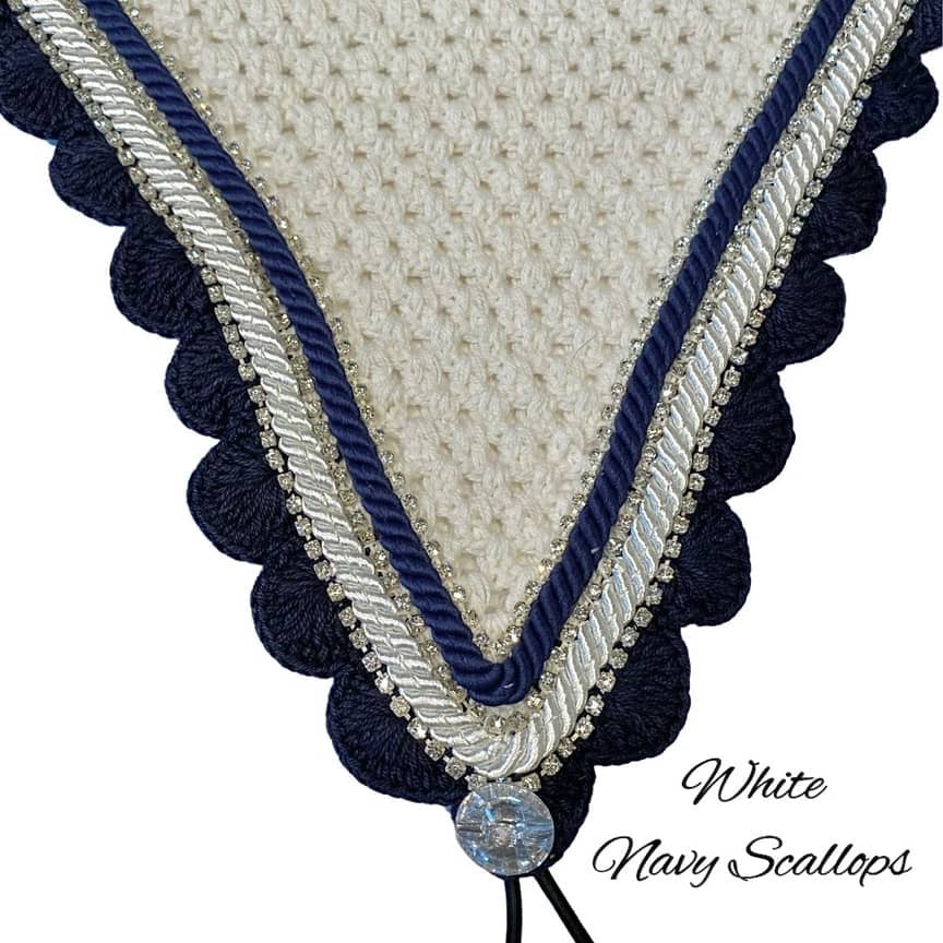 Tiedown Bonnets - Full - White Base/Navy Scallops/3 Clear Bling/Navy & White Piping