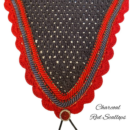 Tiedown Bonnets - Warmblood - Charcoal Base/Red Scallops/3 Red Bling/Red & Grey Piping