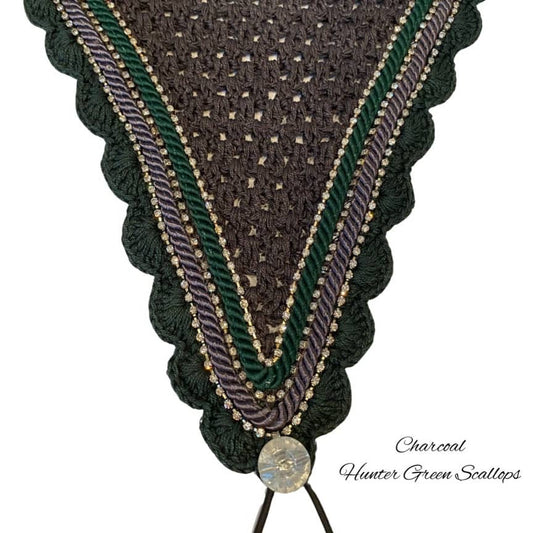 Tiedown Bonnets - Warmblood - Charcoal Base/Hunter Green Scallops/3 Clear Bling/Hunter Green & Grey Piping