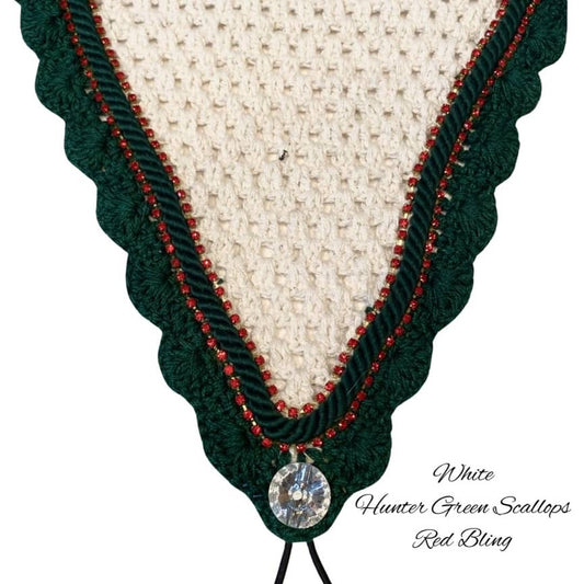 Tiedown Bonnets - Warmblood - White Base/Hunter Green Scallops/2 Red Bling/Hunter Green Piping