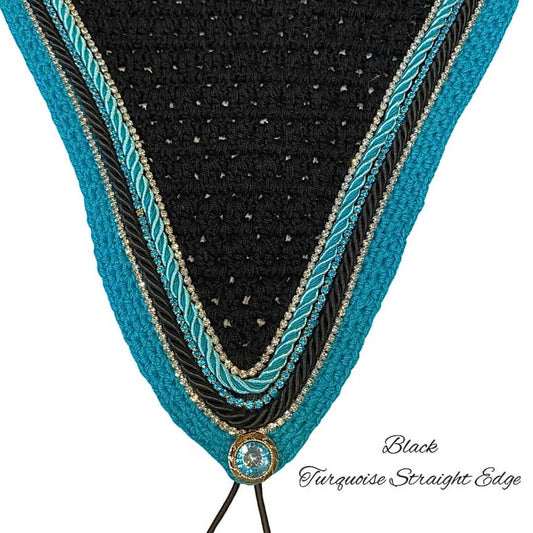 Tiedown Bonnets - Full - Black Base/Teal Straight Edge/2 Clear Bling/1 Teal Bling/Black & Teal Piping