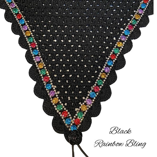 Tiedown Bonnets - Full - Black Base/Black Scallops/2 Clear Bling/1 Large Rainbow Bling