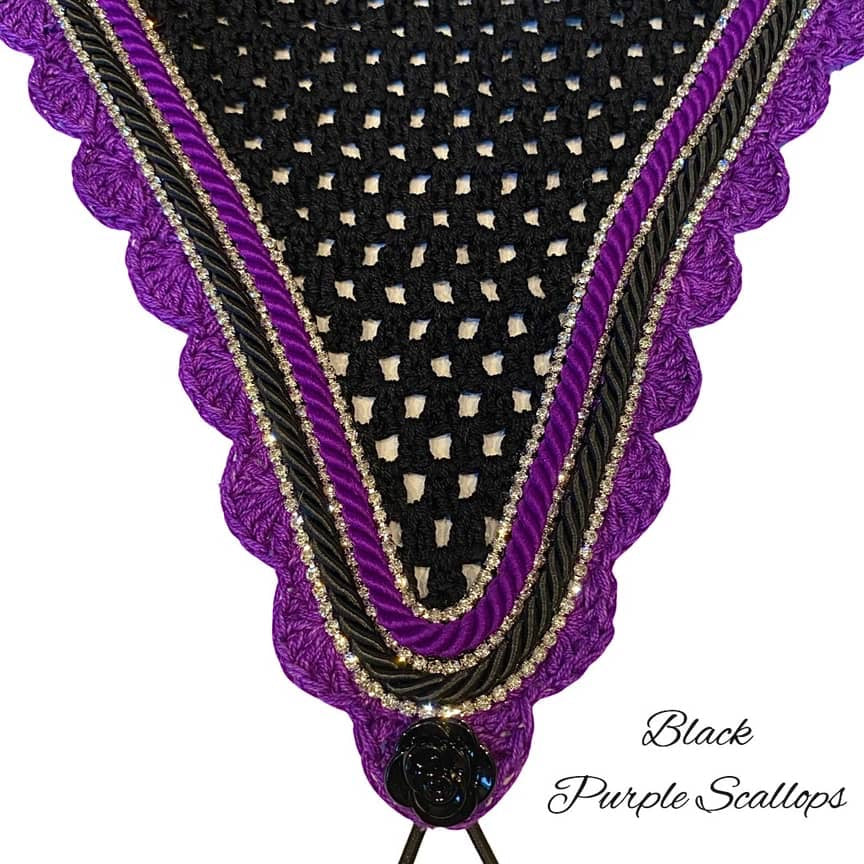 Tiedown Bonnets - Full - Black Base/Purple Scallops/3 Clear Bling/Black & Purple Piping