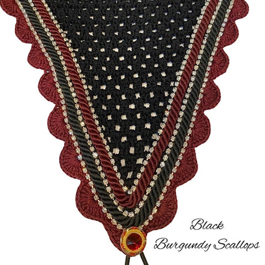 Tiedown Bonnets - Full - Black Base/Burgundy Scallops/3 Clear Bling/Black & Burgundy Piping