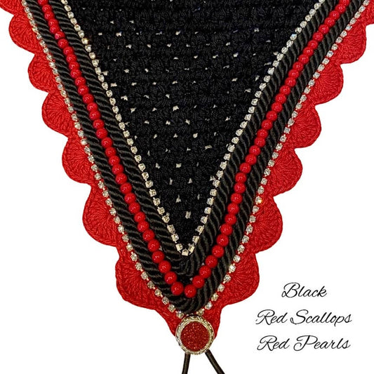 Tiedown Bonnets - Full - Black Base/Red Scallops/2 Clear Bling/1 Red Pearl/2 Black Piping